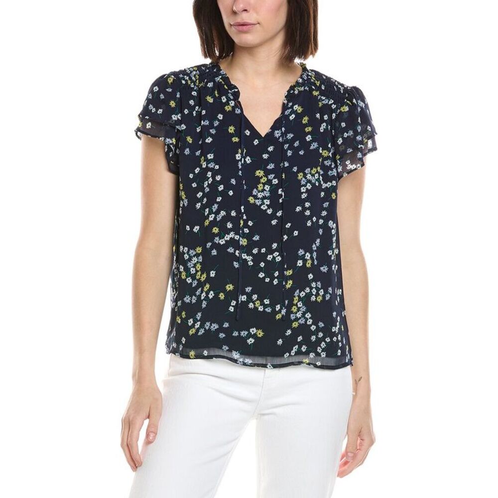 Cece Womens  Ruffle Neck Tie Front Blouse, Navy